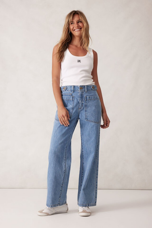 Ceres Life Contour Rib Scoop Tank White/Black Monogram Embroidery