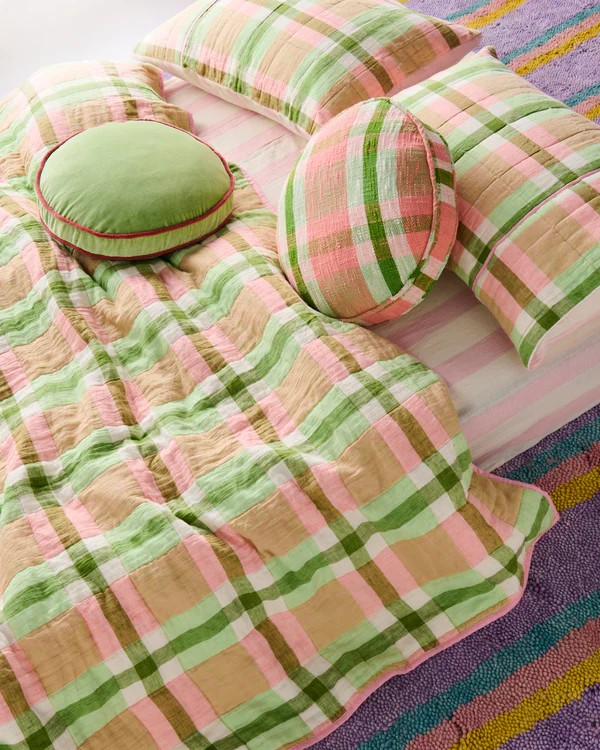 Kip and Co Pistachio Tartan Reversible Linen Quilted Pillowcases