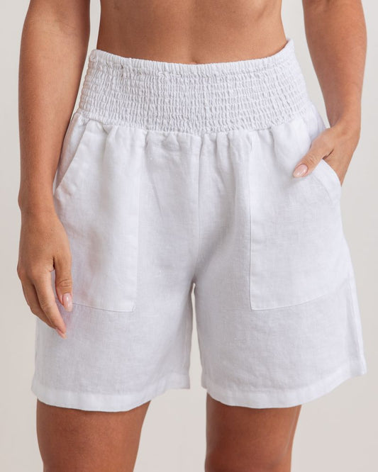 See Saw Linen Shirred Waist Short White