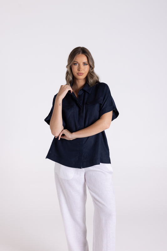 Two T's Dropped Shoulder Oversized Linen Shirt FRENCH NAVY