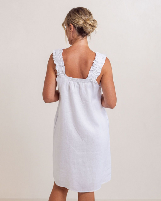 See Saw 100% Linen Square Neck Dress White