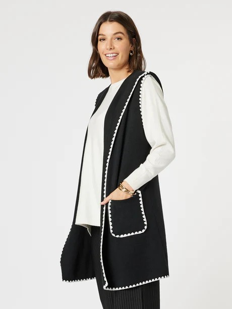Threadz Cosy Contrast Detail Hooded Vest Black