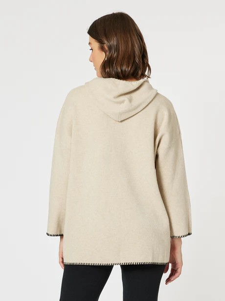 Threadz Cosy Hooded Split Front Knit Natural