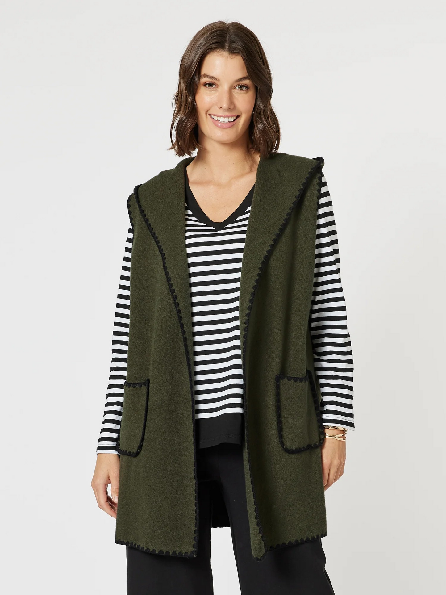 Threadz Cosy Contrast Detail Hooded Vest - Khaki