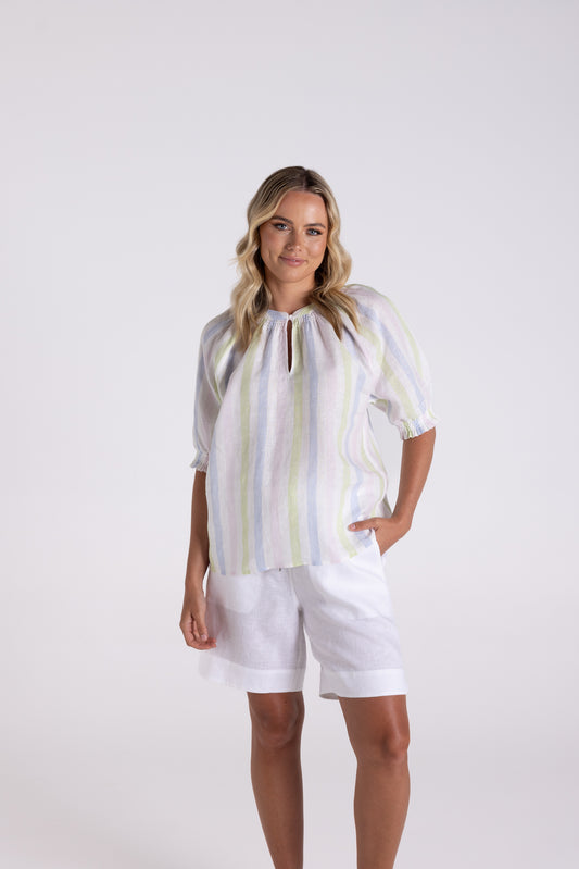 Two T's Multistripe Linen Keyhole Top