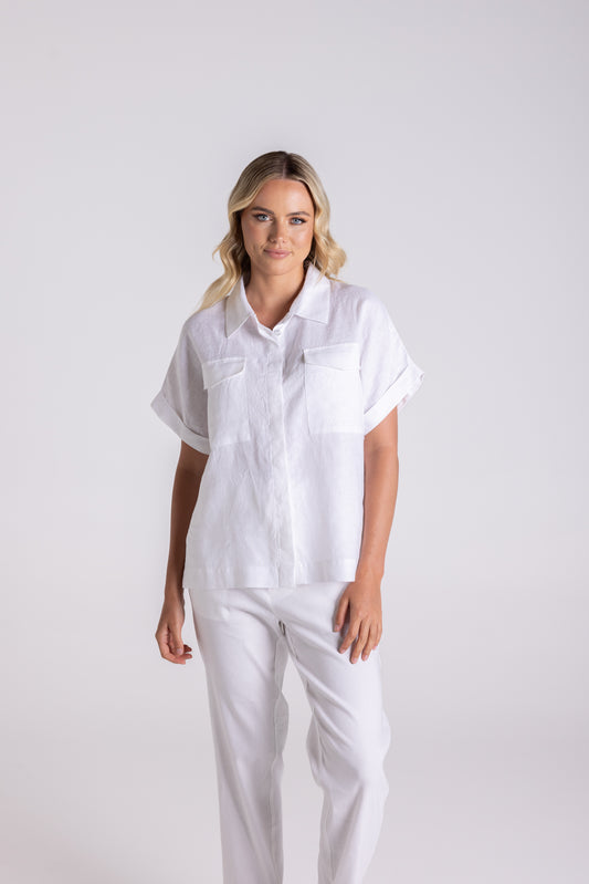 Two T's Dropped Shoulder Oversized Linen Shirt WHITE