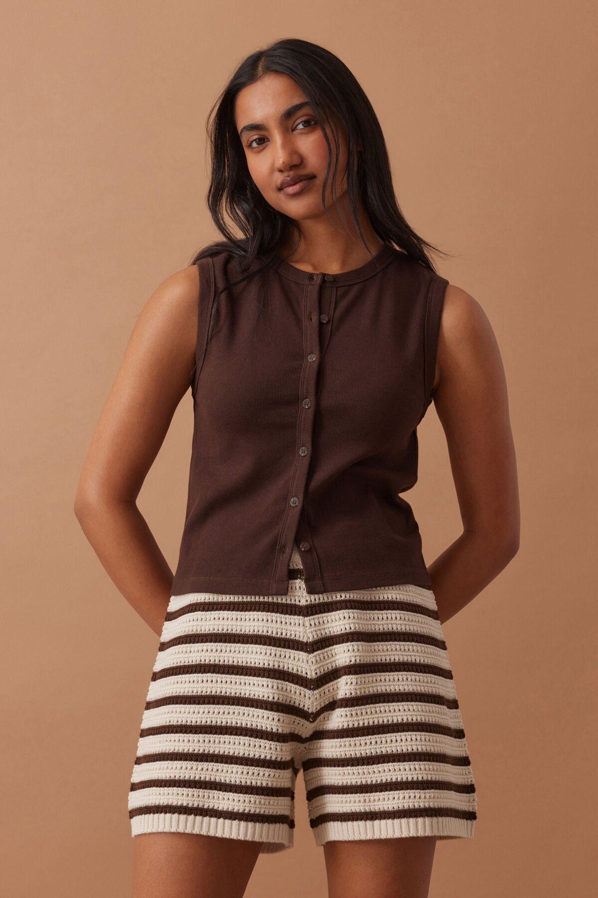 Ceres Life Molly Textured Knit Short - Choc Stripe