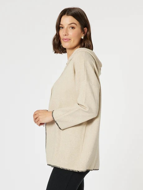 Threadz Cosy Hooded Split Front Knit Natural