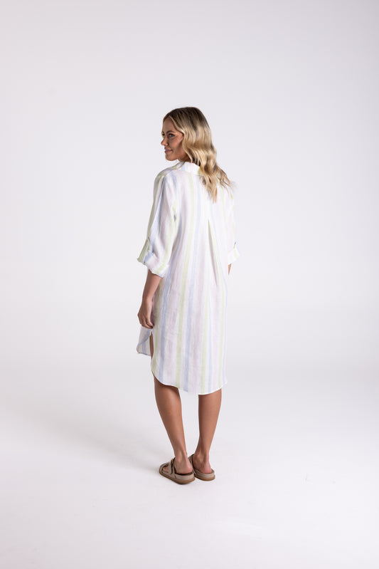 Two T's Multistripe Linen Shirt Dress