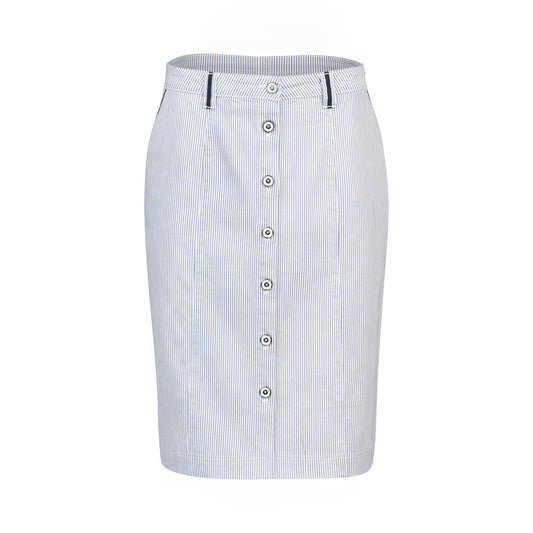 Vassalli Knee Length Skirt with Contrast Buttons - Ink/White Stripe