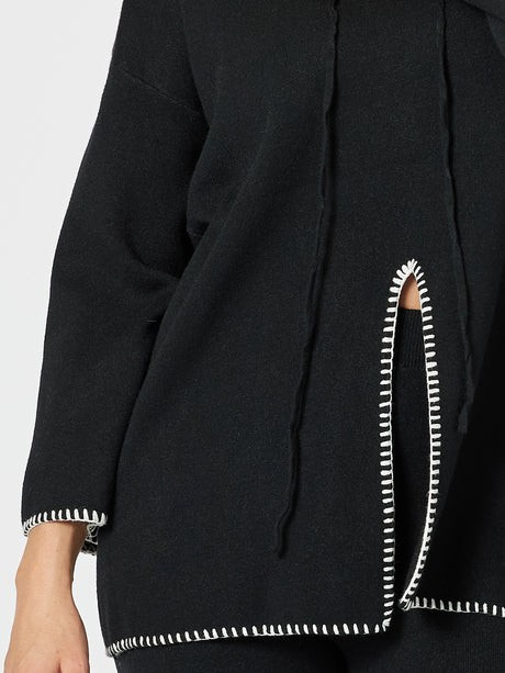 Threadz Cosy Hooded Split Front Knit Black