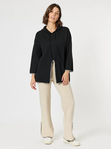 Threadz Cosy Hooded Split Front Knit Black