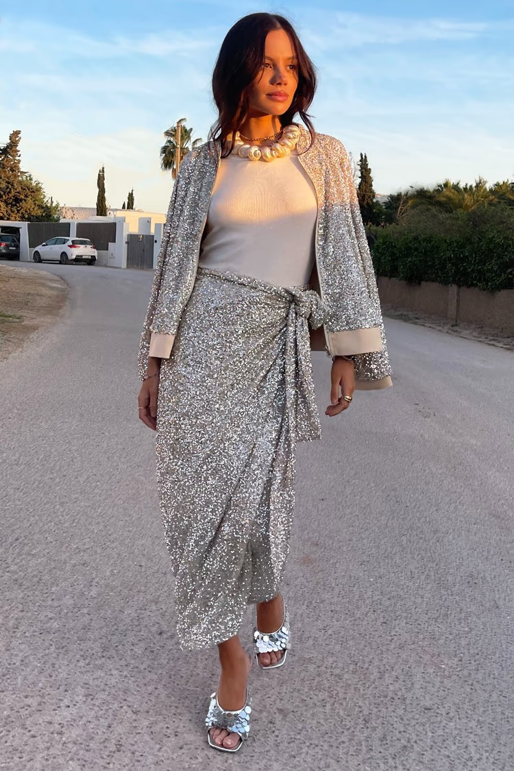 Never Fully Dressed Silver Sequin Bomber Jacket