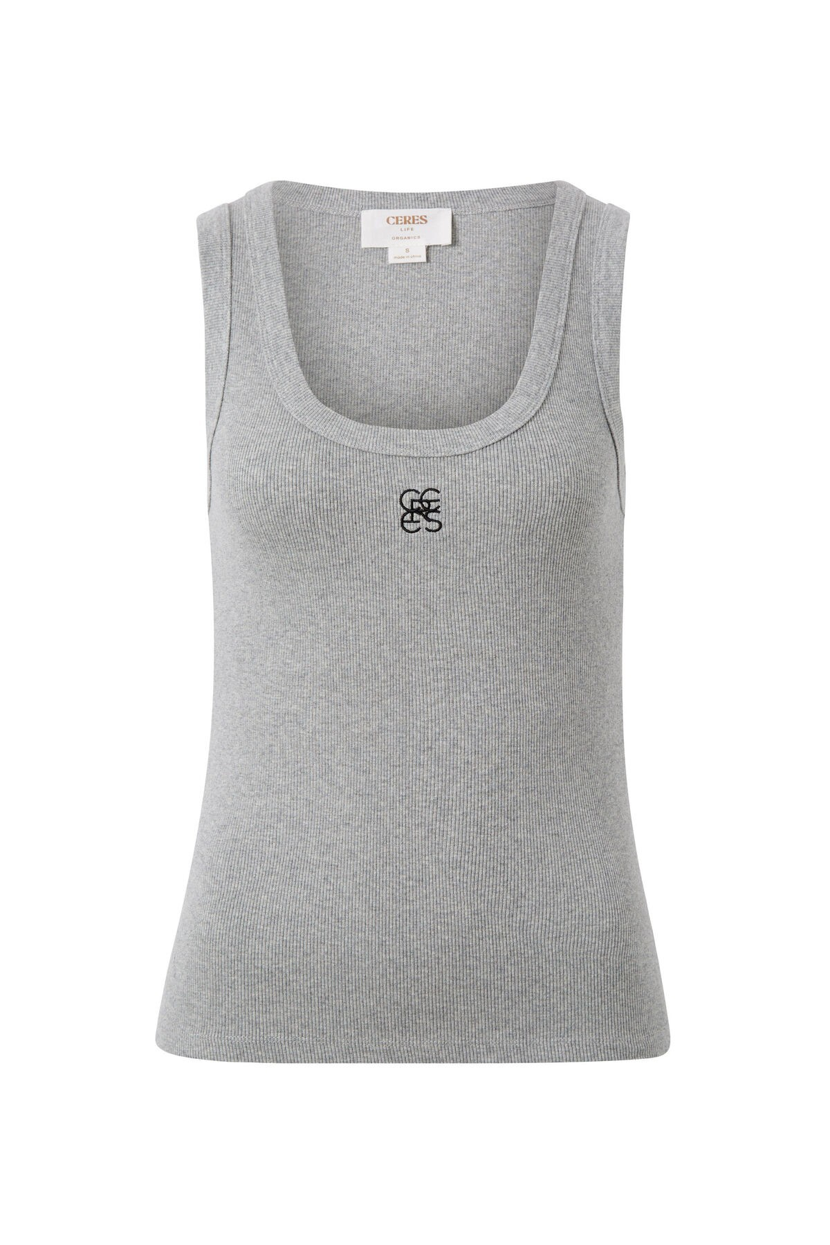 Ceres Life Zoe Contour Rib Scoop Tank Grey Marle/Black Embroidery