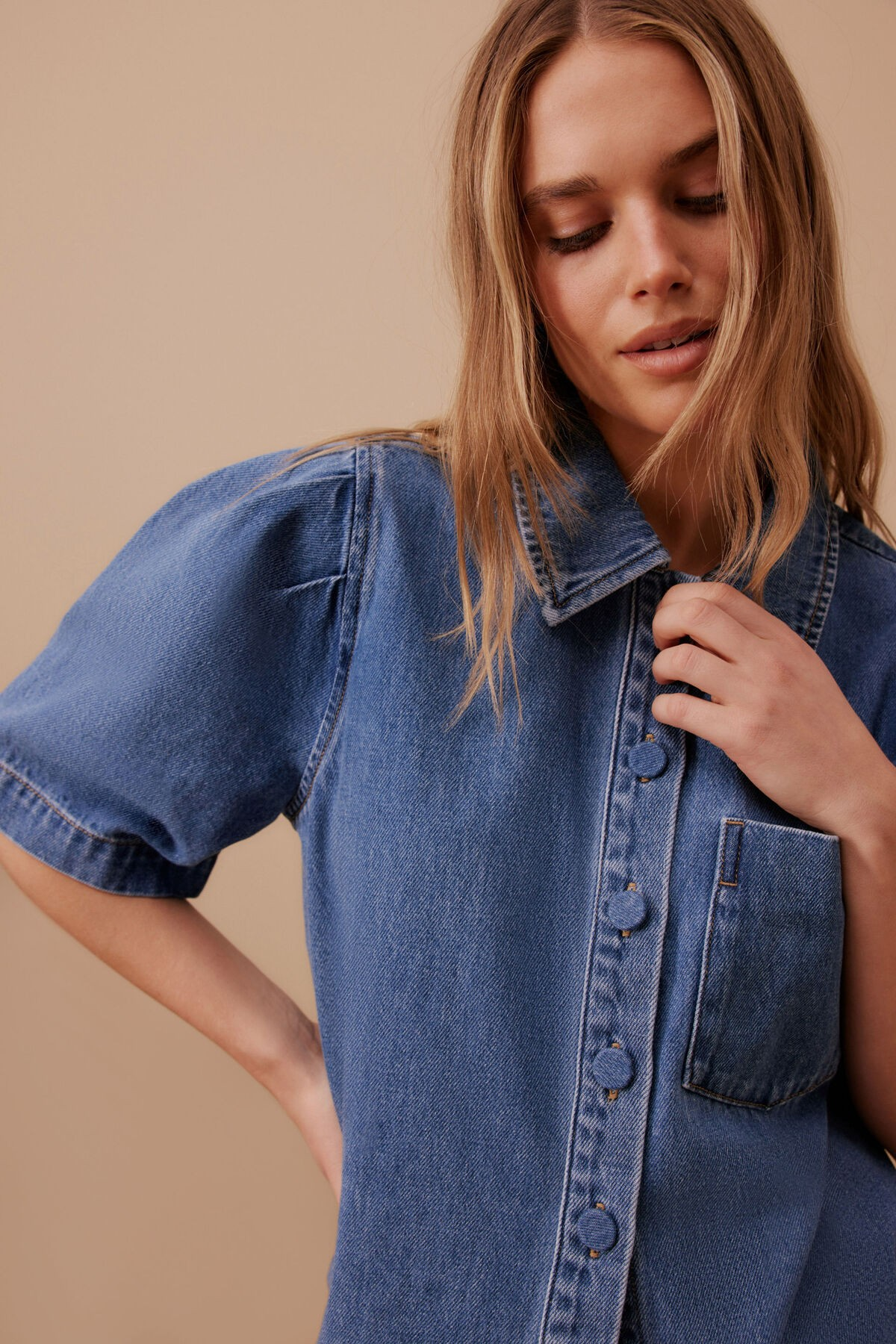 Ceres Life Dylan Pleat Sleeve Denim Shirt - Fresh Indigo