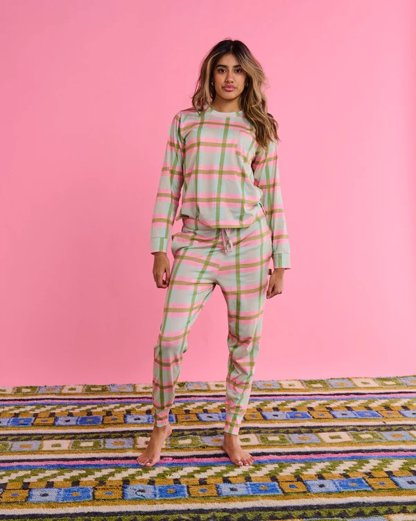 Kip and Co Pistachio Tartan Organic Coitton Long Sleeve And Pant Set