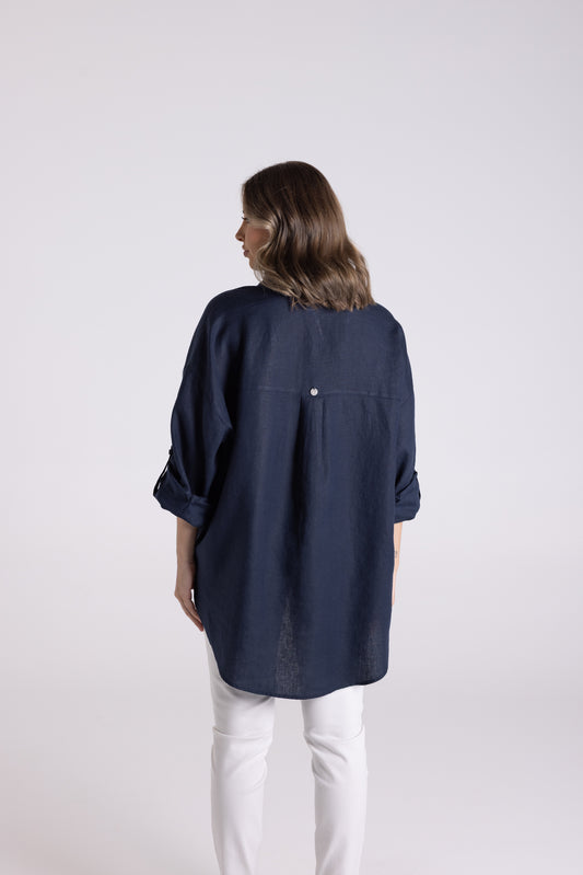 Two T's Oversized Navy Linen Shirt