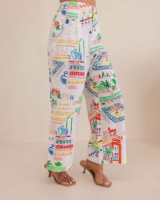 Kaleido 100% Linen High Waisted Wide Leg Pants - Marrakesh