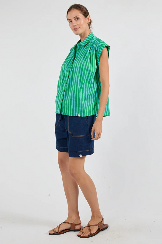Ibisa Women's Green Striped Cotton Button Front Top with Cap Sleeves