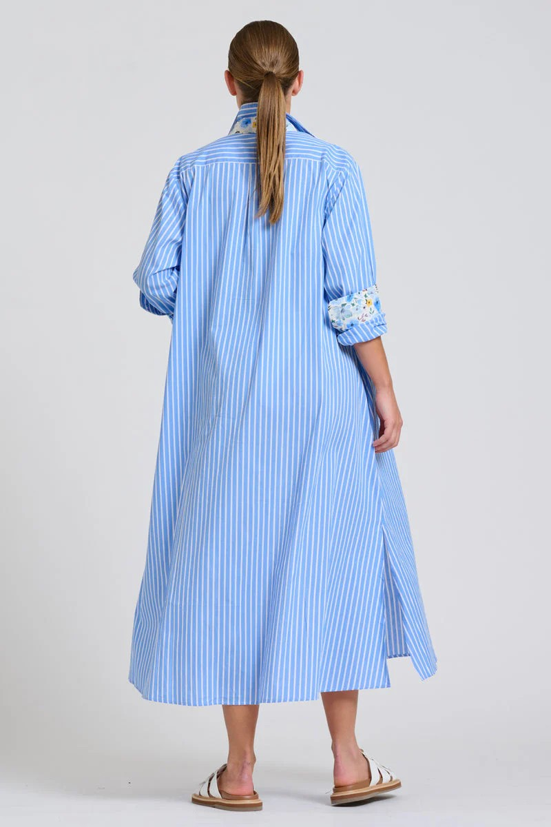 Shirty Luna Oversized Long Line Shirt Dress - Blue Stripe Floral Trim