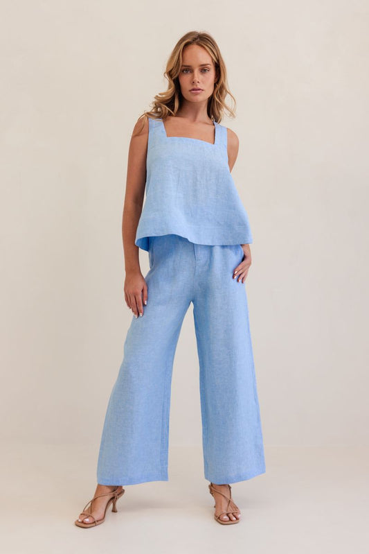 Kaleido 100% Linen High Waisted Wide Leg Pant - Chambray