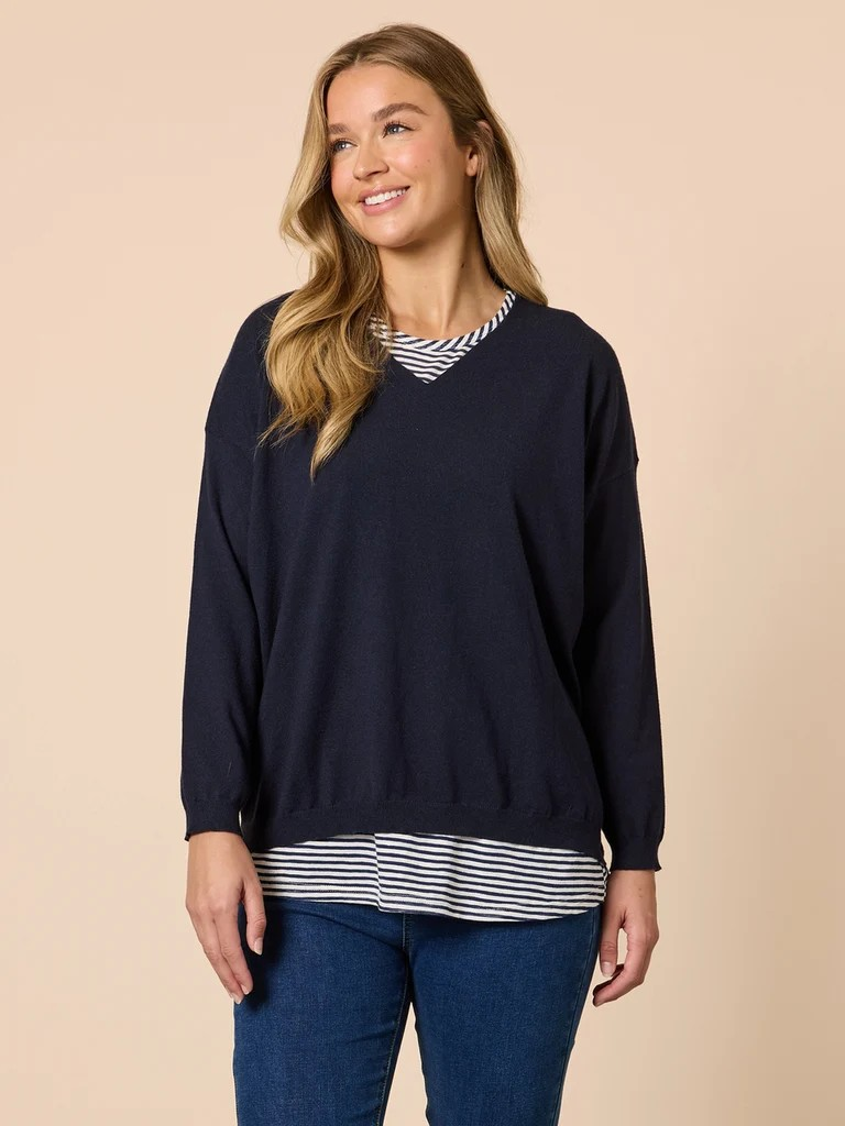 Threadz Double Take 2 in 1 Top Navy White | Sterling Belle | Women's Clothing Online