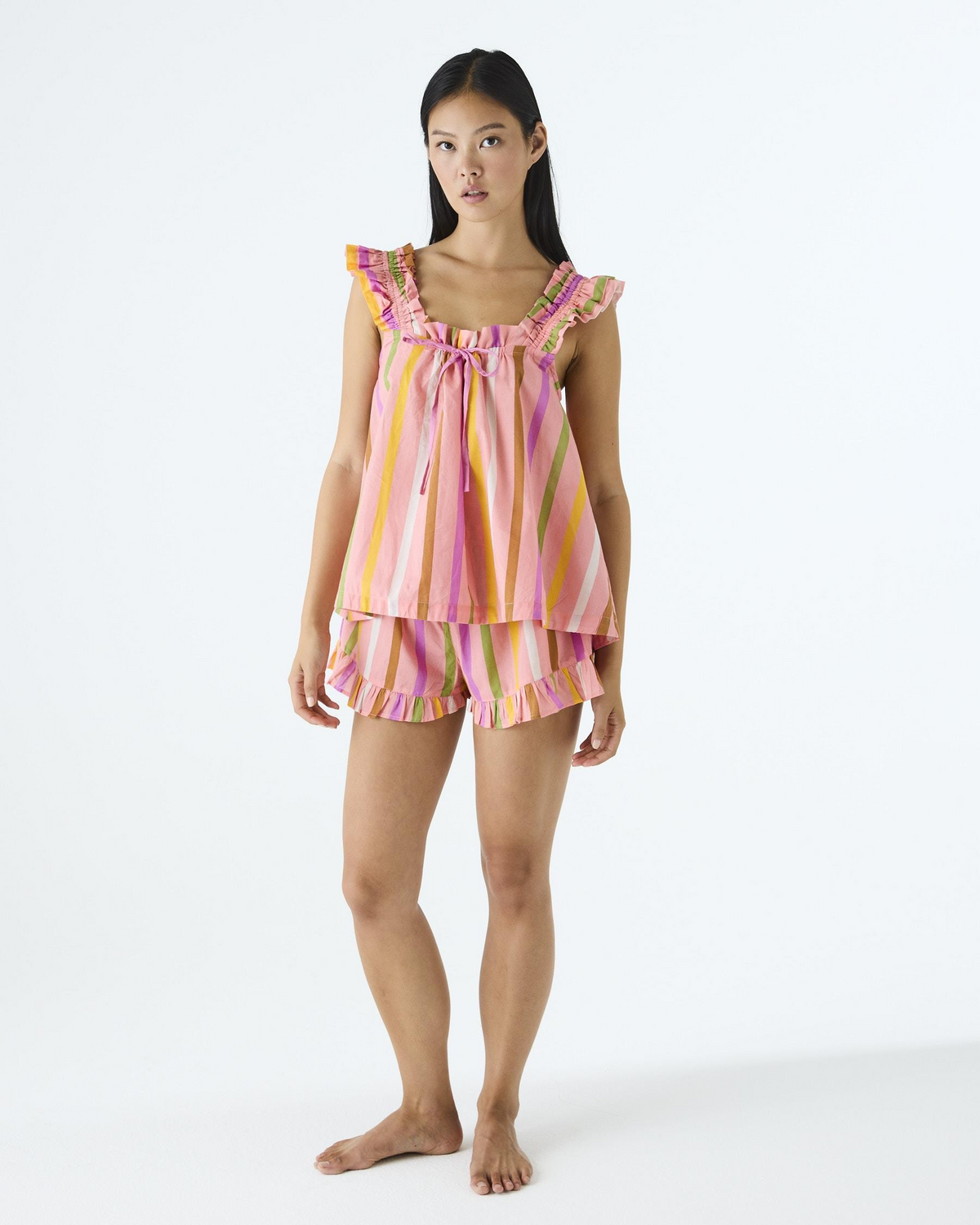 Kip and Co Bon Bon Stripe Pink Cotton Frill Cami & Short Pyjama Set