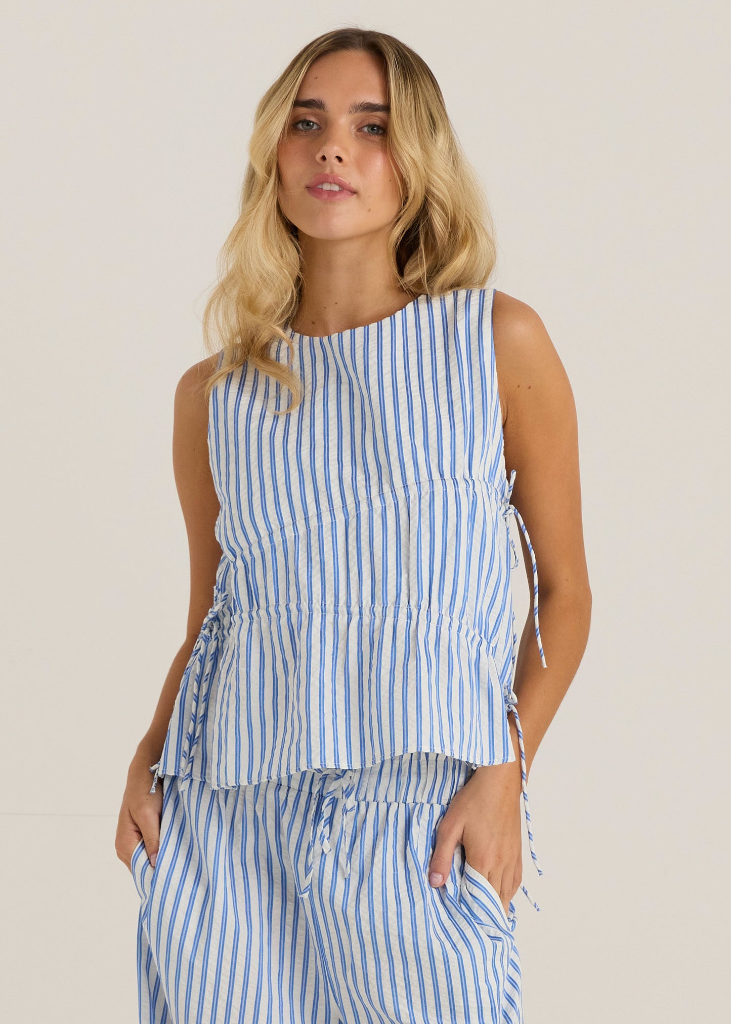 Sass Aziza Gathered Tie Top - Blue/ White Stripe