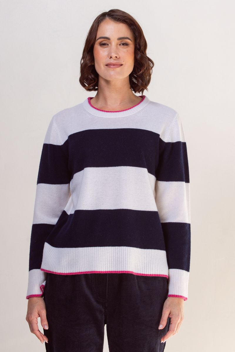 See Saw 100% Merino Wool (Cashfeel) Wide Stripe Sweater Navy/White
