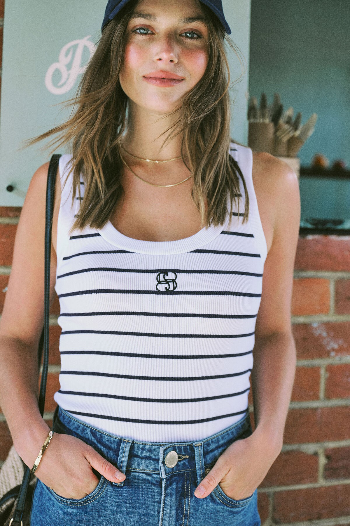 Ceres Life Zoe Contour Rib Scoop Tank - White/New Navy monogram embroidery