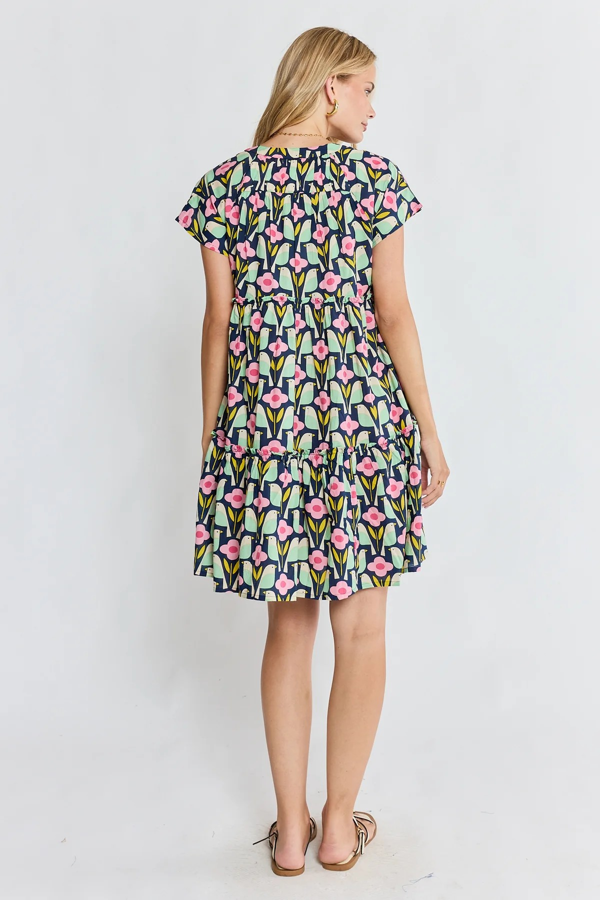 Relaxed Fit Knee Length Dress with Short Sleeves and Tiered Skirt