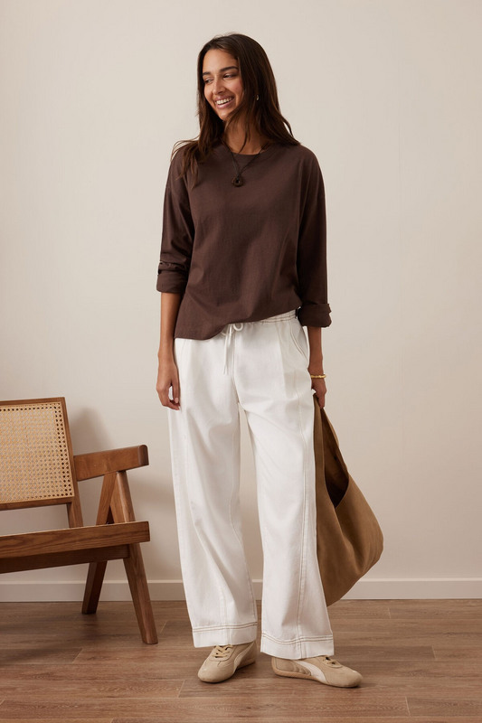 white denim cotton blend barrel leg pants women | Ceres Life
