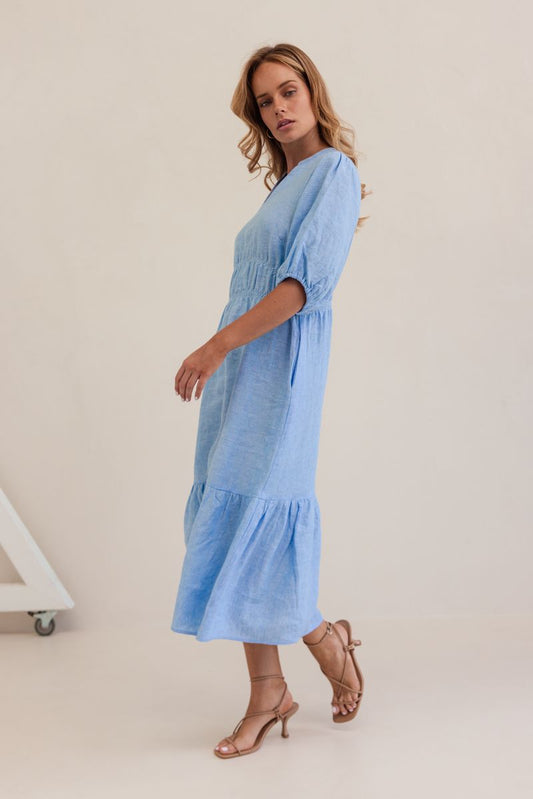 Kaleido 100% Linen Gather Detail Dress - Chambray