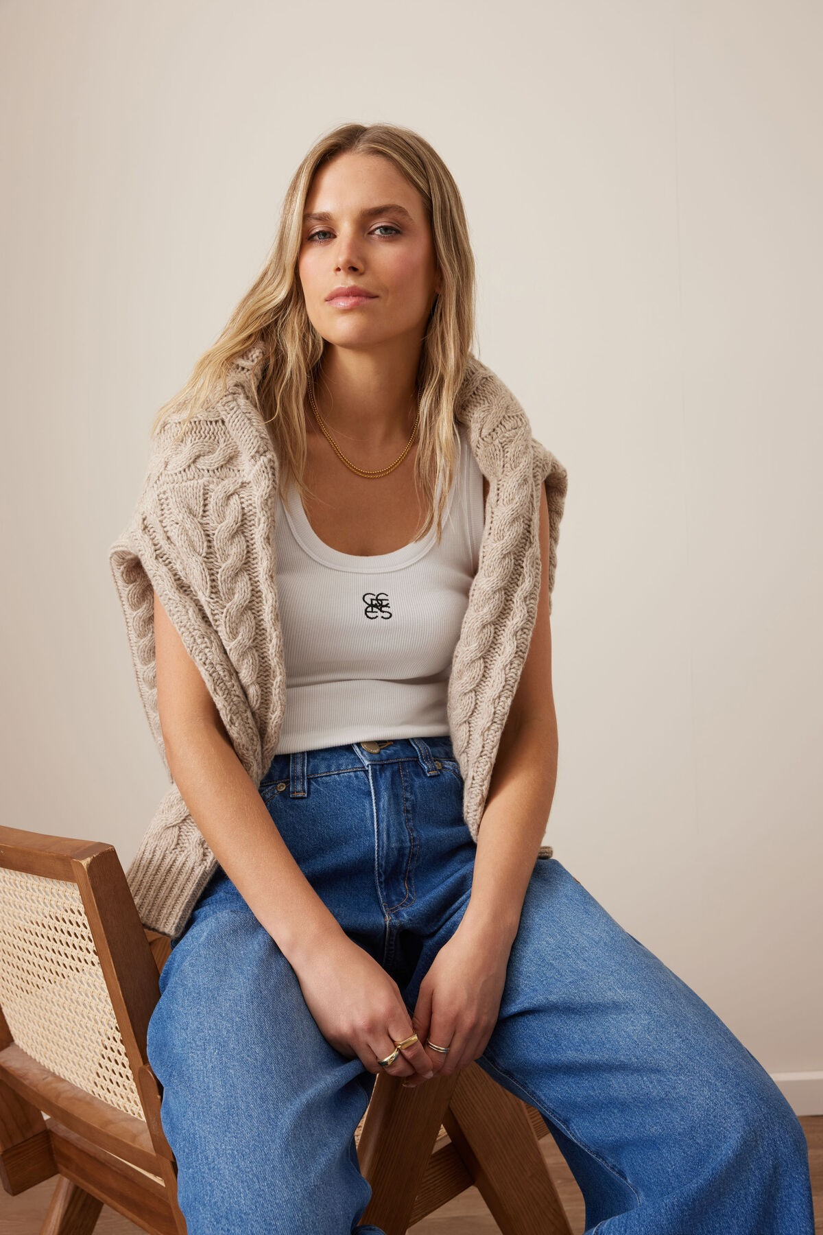 Ceres Life Zoe Contour Rib Scoop Tank - White/Black Monogram Embroidery
