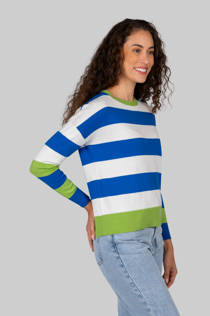 Kaleido Cotton/Cashmere Wide Stripe Crew Neck Sweater - Moss/White
