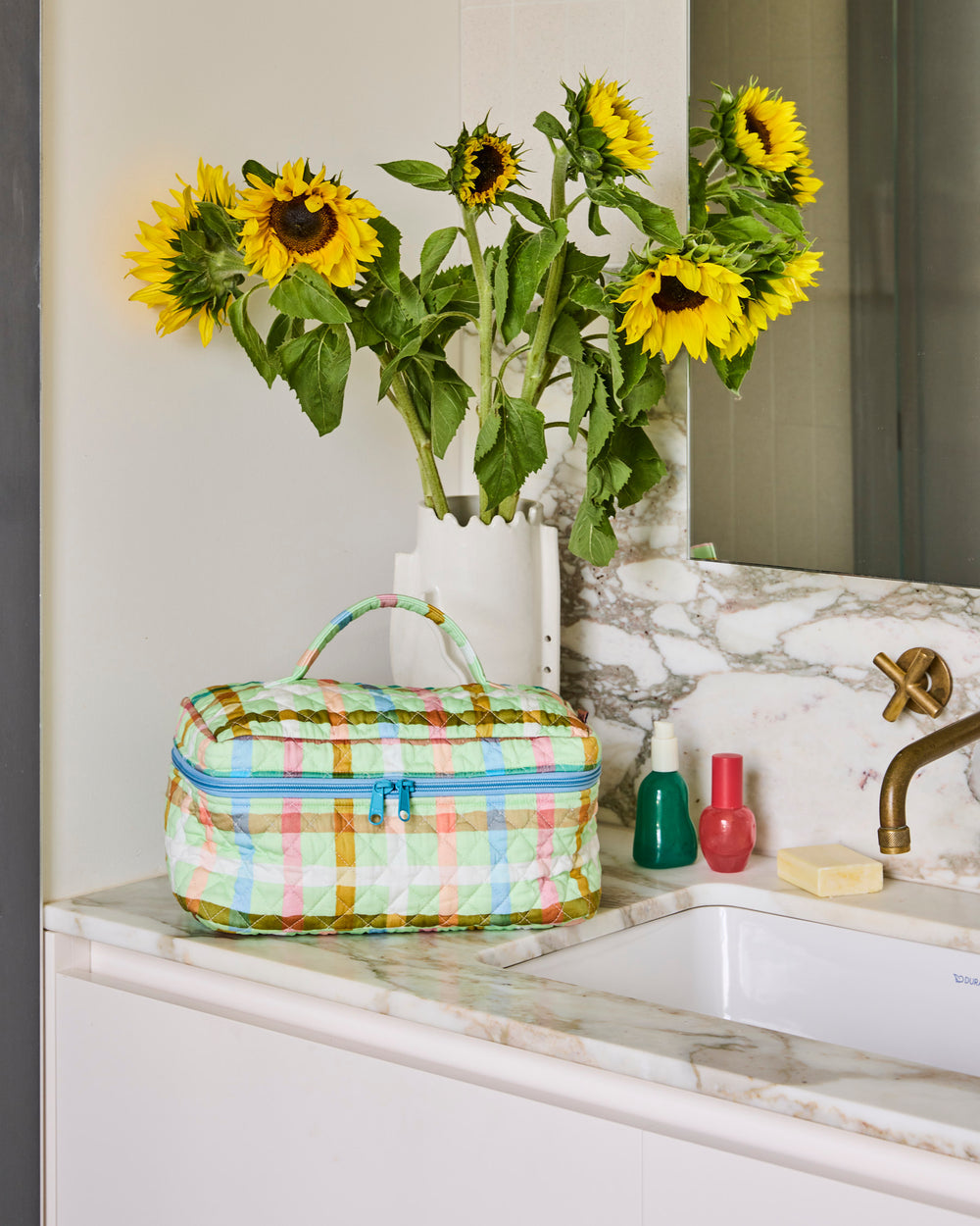 mint quilted cotton toiletry case travel pouch, cosmetic bag