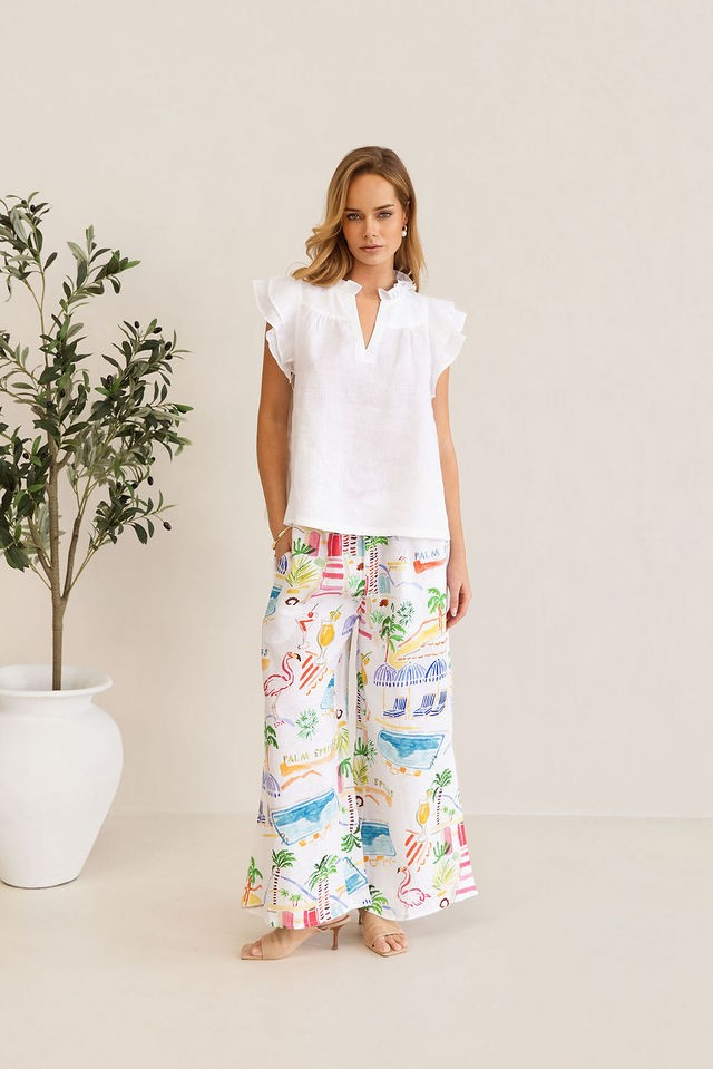 Kaleido 100% Linen Ruffle Top - White