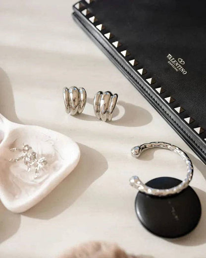 Thea Silver Ribbed Hoop Earrings