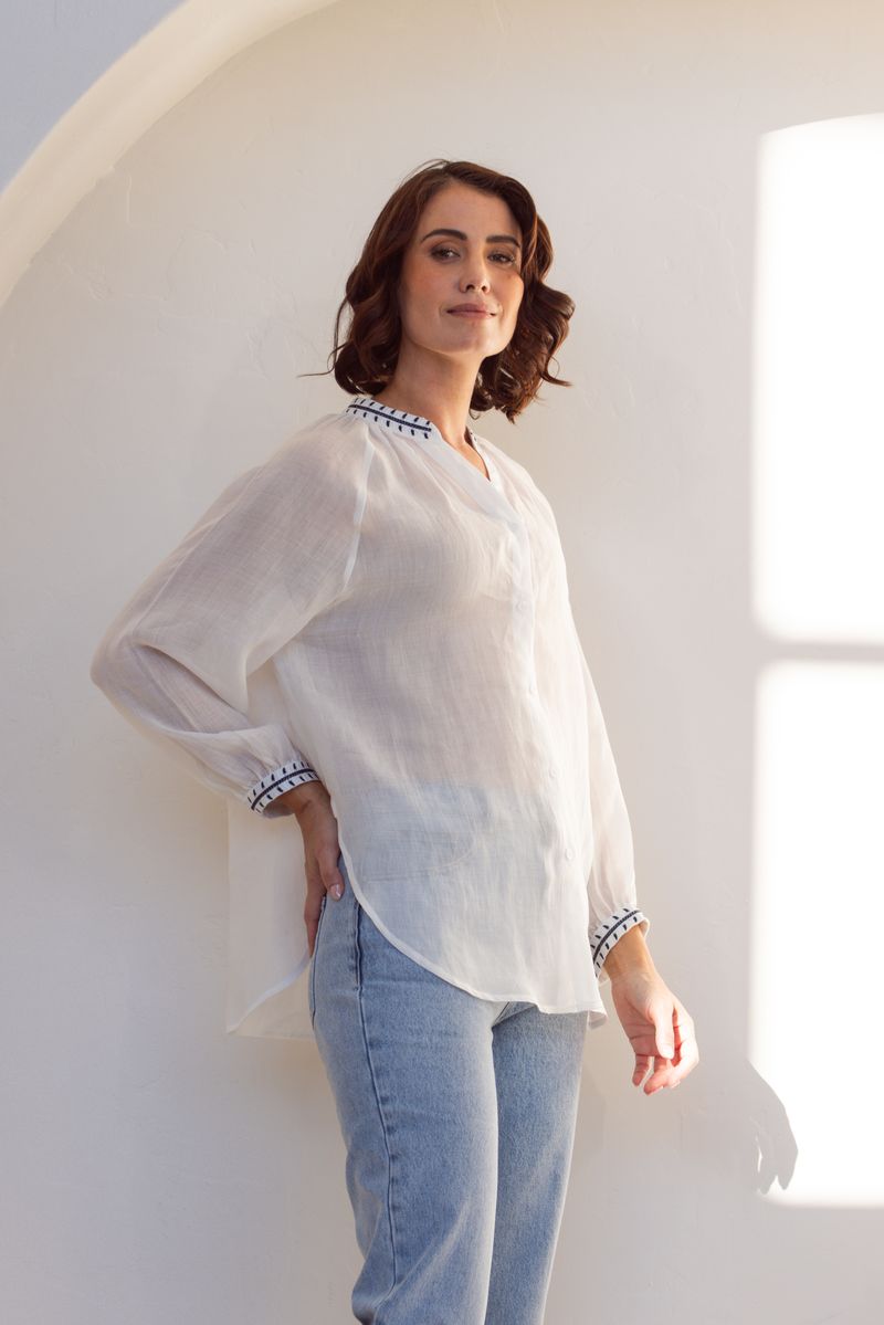 See Saw 100% Rami 3/4 Sl Embroidery Detail Shirt White