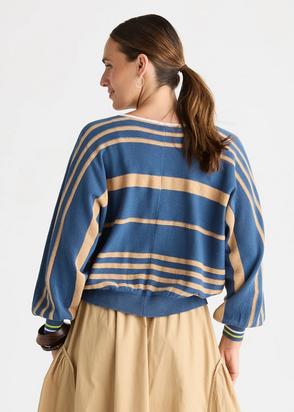 Zaket & Plover Statement Zip Cotton Stripe Cardi - Sea Blue/Camel Stripe