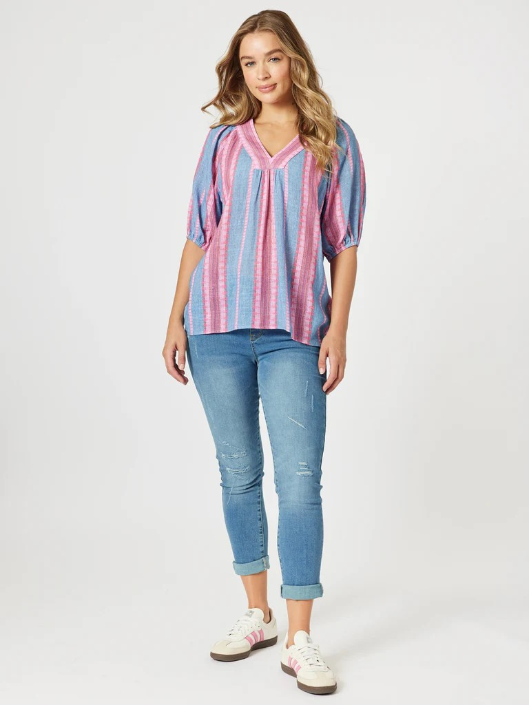 Threadz Bloom Stripe Top Indigo Pink