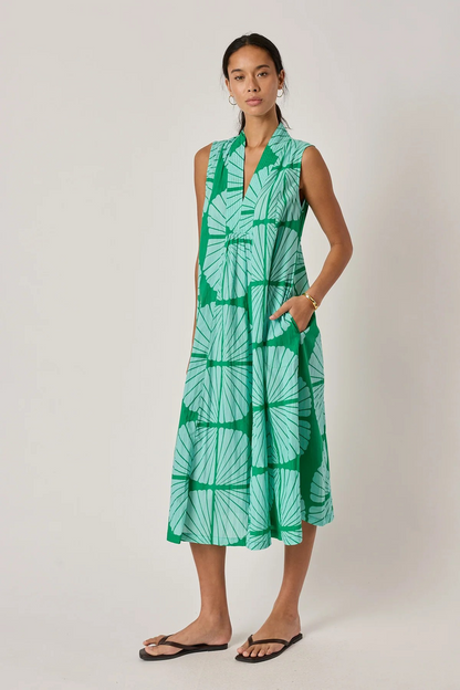 Green Cotton Sleeveless Midi Summer Dress | Sterling Belle