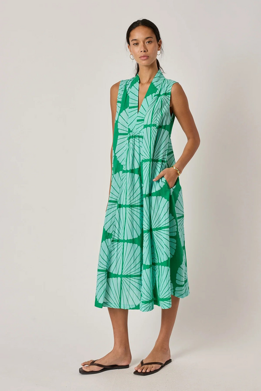 Green Cotton Sleeveless Midi Summer Dress | Sterling Belle