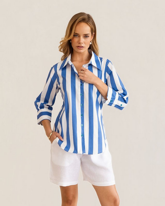 Kaleido 100% Cotton 3/4 Sleeve Classic Shirt - Blue Block Stripe