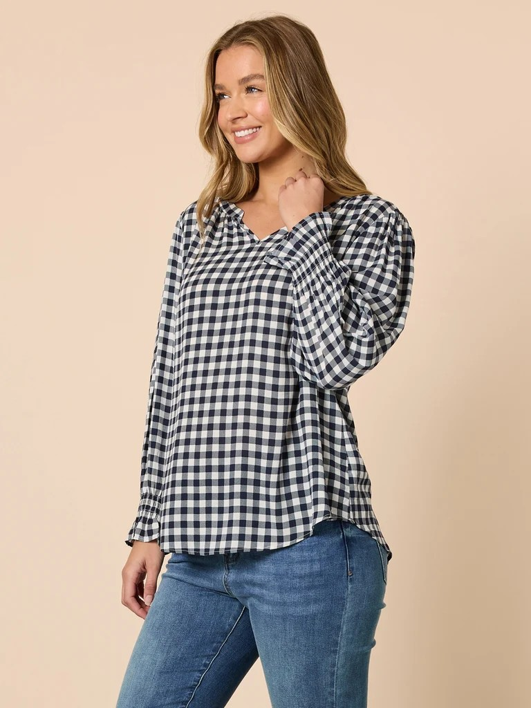 Threadz Gingham Check Print Top - Navy/ Ivory