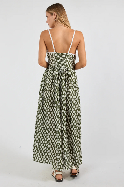 Olive Green and White Polka Dot Print Cotton Sleeveless Sundress Australia