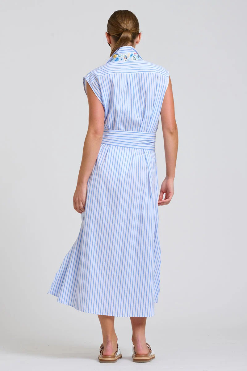 Shirty Sloane Oversized Sleeveless Shirt Dress - White with Blue Stripe Floral Trim