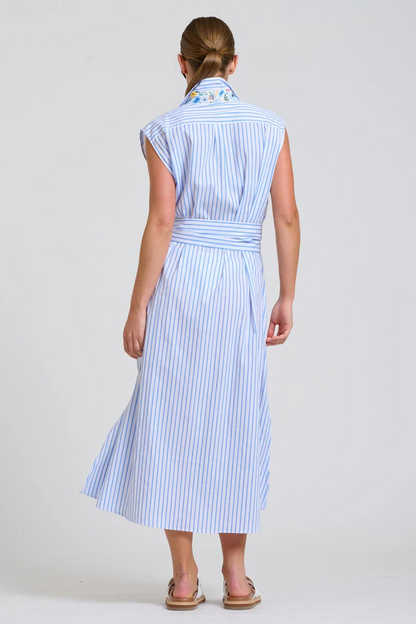Shirty Sloane Oversized Sleeveless Shirt Dress - White with Blue Stripe Floral Trim