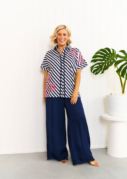 Liv and Milly Rosie Shirt Navy and White Stripe Pink Neon Star