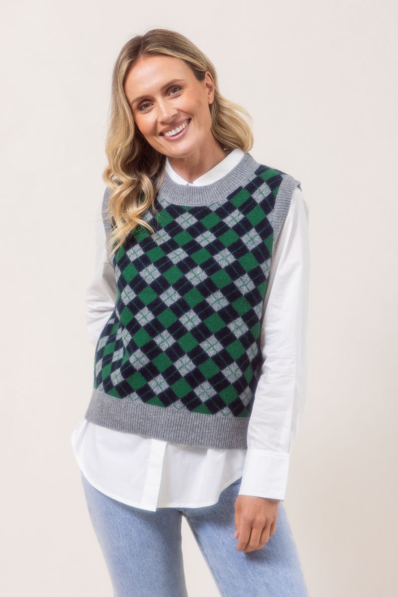 See Saw 100% Merino Wool Argyle Vest Silver Navy Green